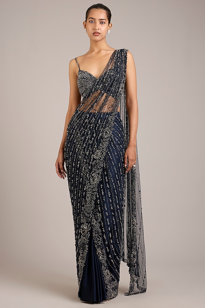 Navy Tulle Hand Embellished Pre-Draped Bridal Saree Set by Rohit Gandhi & Rahul Khanna at Pernia's Pop Up Shop