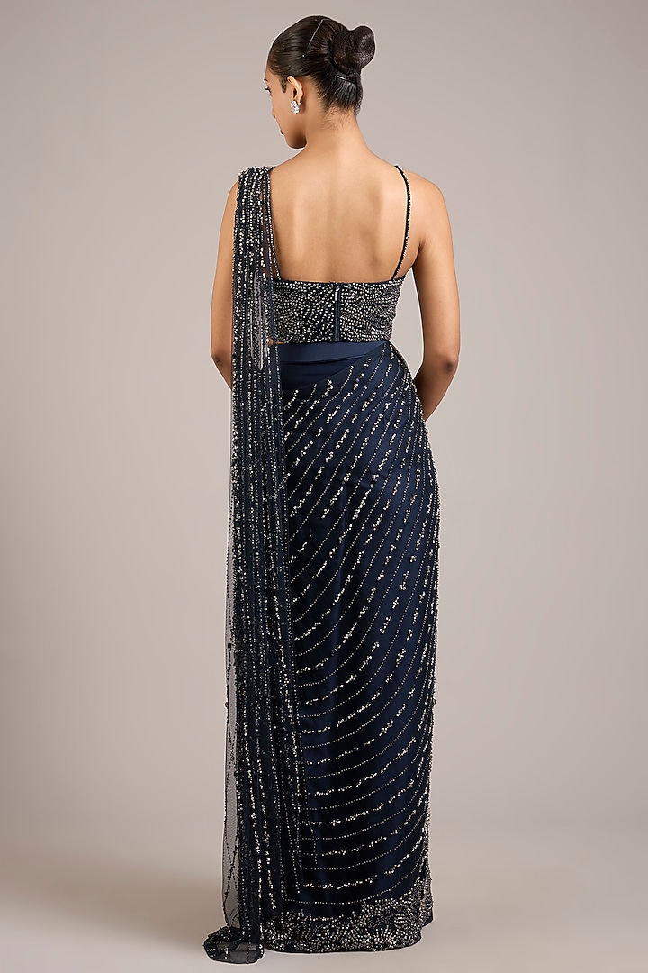 Navy Tulle Hand Embellished Pre-Draped Bridal Saree Set by Rohit Gandhi & Rahul Khanna at Pernia's Pop Up Shop