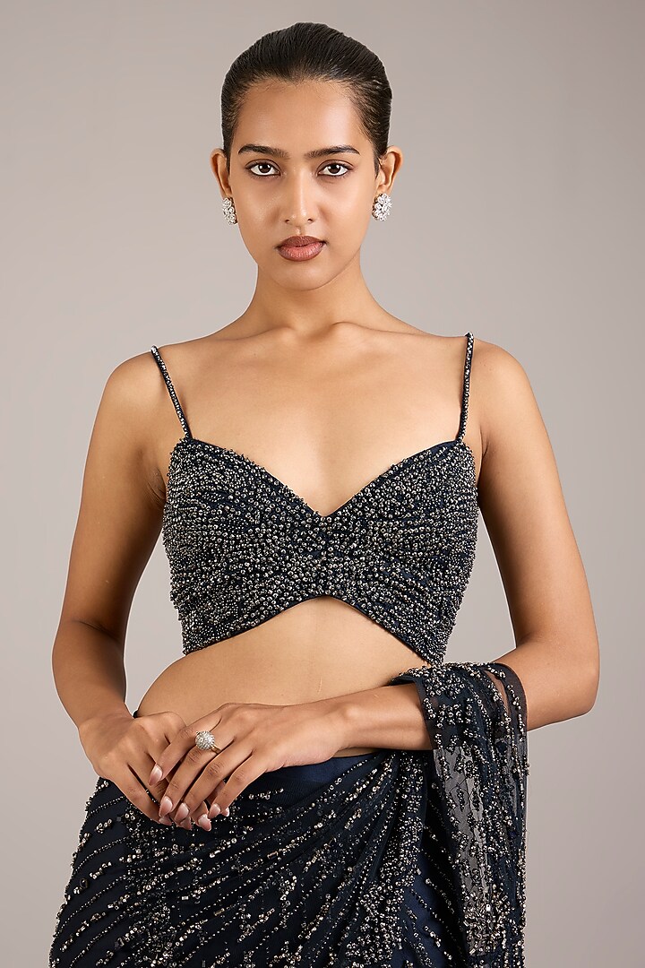 Navy Tulle Hand Embellished Pre-Draped Bridal Saree Set by Rohit Gandhi & Rahul Khanna at Pernia's Pop Up Shop