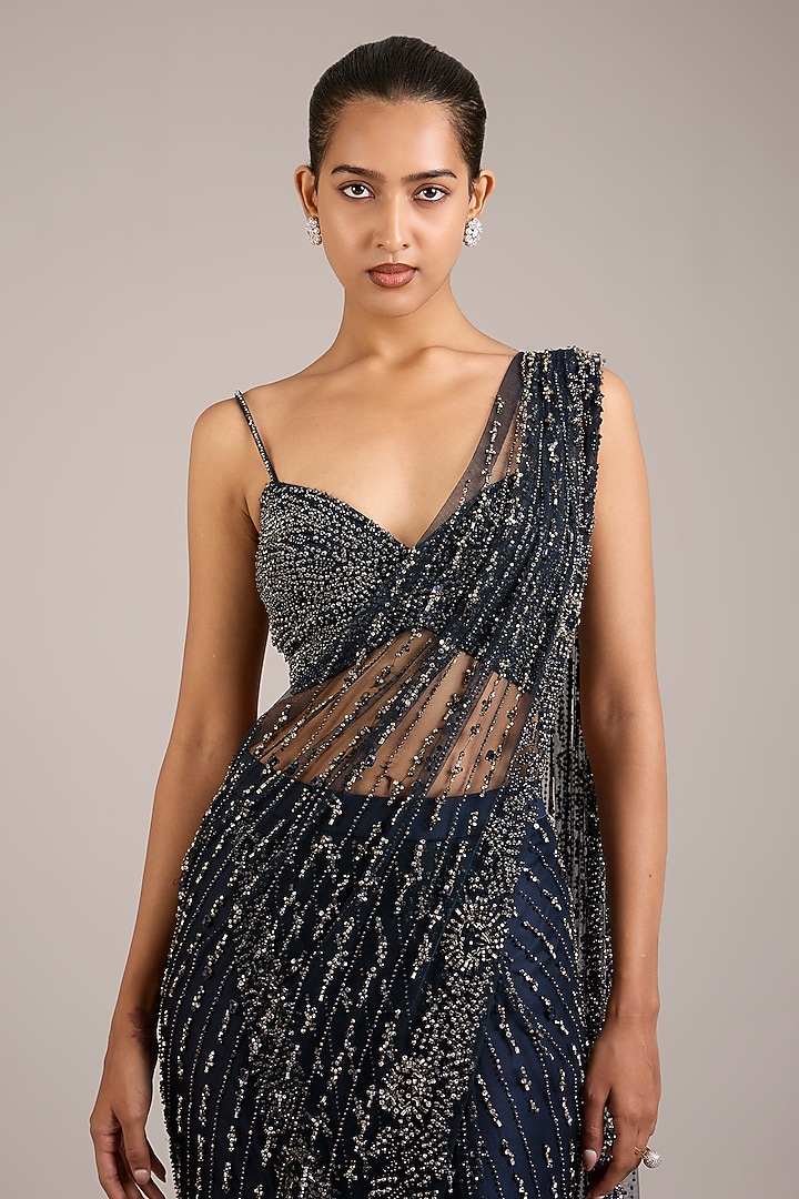 Navy Tulle Hand Embellished Pre-Draped Bridal Saree Set by Rohit Gandhi & Rahul Khanna at Pernia's Pop Up Shop