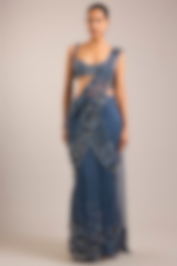 Slate Blue Tulle Sequins Embroidered Bridal Saree Set by Rohit Gandhi & Rahul Khanna at Pernia's Pop Up Shop