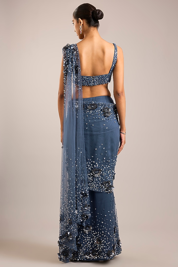 Slate Blue Tulle Sequins Embroidered Bridal Saree Set by Rohit Gandhi & Rahul Khanna at Pernia's Pop Up Shop
