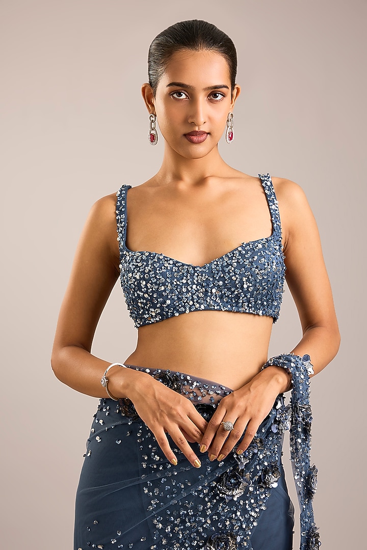 Slate Blue Tulle Sequins Embroidered Bridal Saree Set by Rohit Gandhi & Rahul Khanna at Pernia's Pop Up Shop