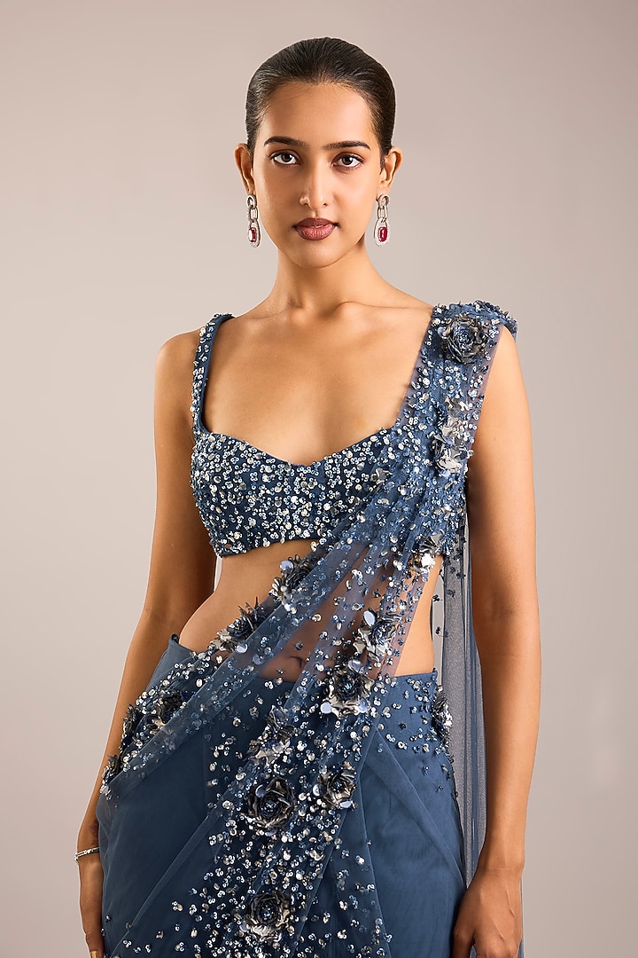 Slate Blue Tulle Sequins Embroidered Bridal Saree Set by Rohit Gandhi & Rahul Khanna at Pernia's Pop Up Shop