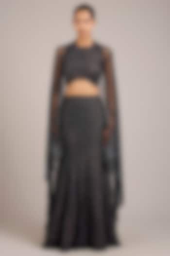 Navy Tulle Sequin Hand Embellished Jacket Bridal Lehenga Set by Rohit Gandhi & Rahul Khanna at Pernia's Pop Up Shop