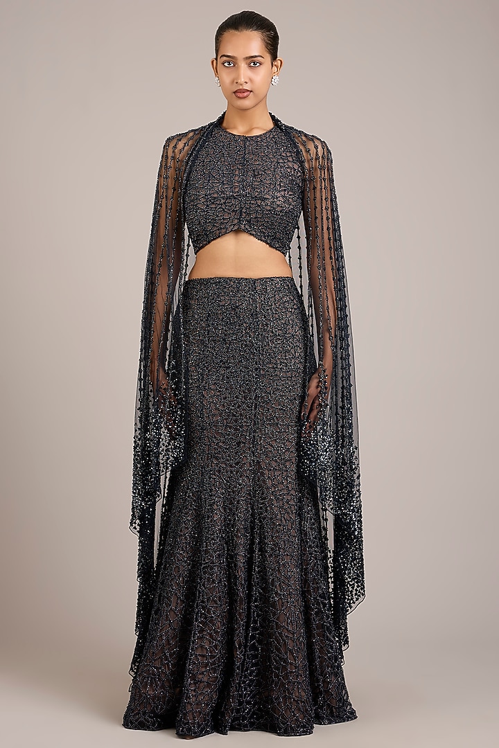 Navy Tulle Sequin Hand Embellished Jacket Bridal Lehenga Set by Rohit Gandhi & Rahul Khanna at Pernia's Pop Up Shop