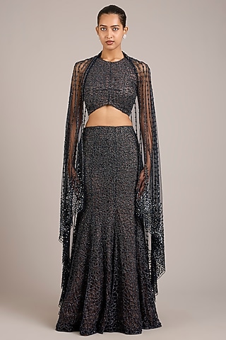 Navy Tulle Sequin Hand Embellished Jacket Lehenga Set by Rohit Gandhi & Rahul Khanna