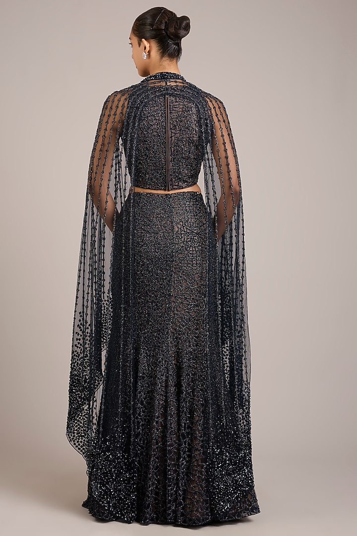 Navy Tulle Sequin Hand Embellished Jacket Bridal Lehenga Set by Rohit Gandhi & Rahul Khanna at Pernia's Pop Up Shop