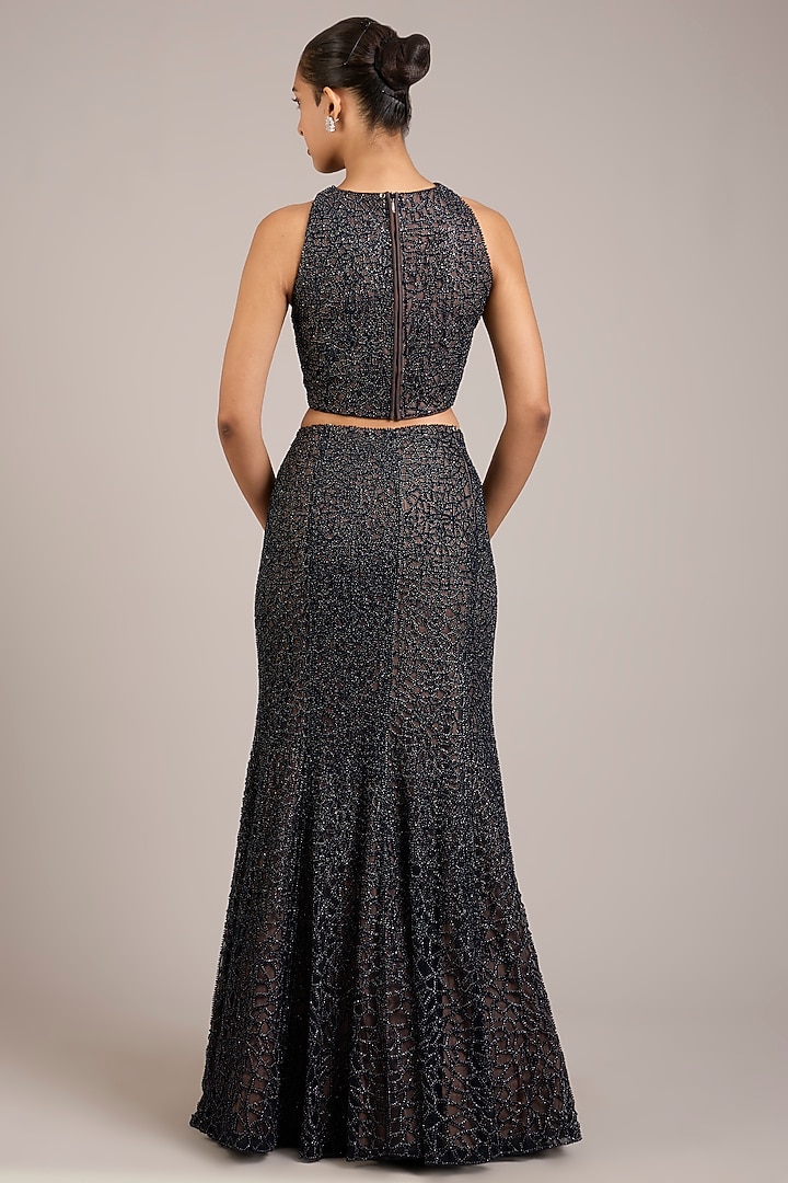 Navy Tulle Sequin Hand Embellished Jacket Bridal Lehenga Set by Rohit Gandhi & Rahul Khanna at Pernia's Pop Up Shop