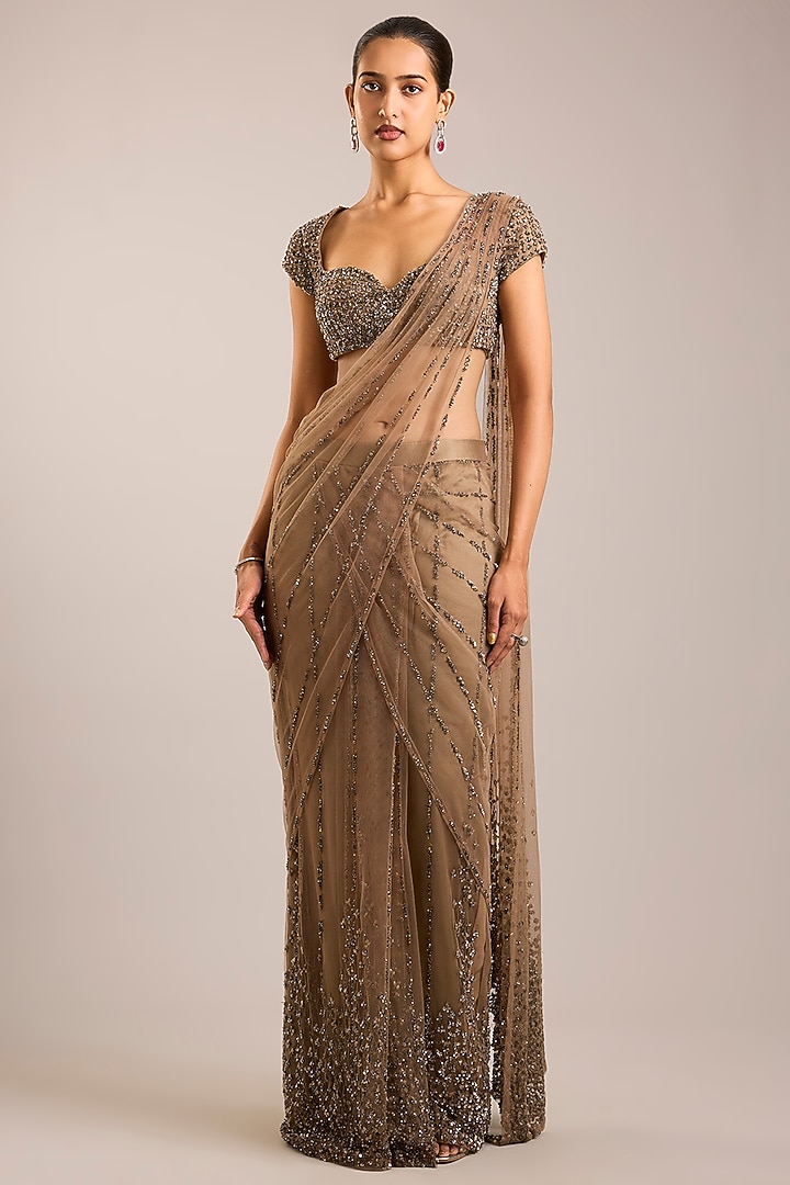 Golden Tulle Sequins Embroidered Pre-Draped Bridal Saree Set by Rohit Gandhi & Rahul Khanna at Pernia's Pop Up Shop