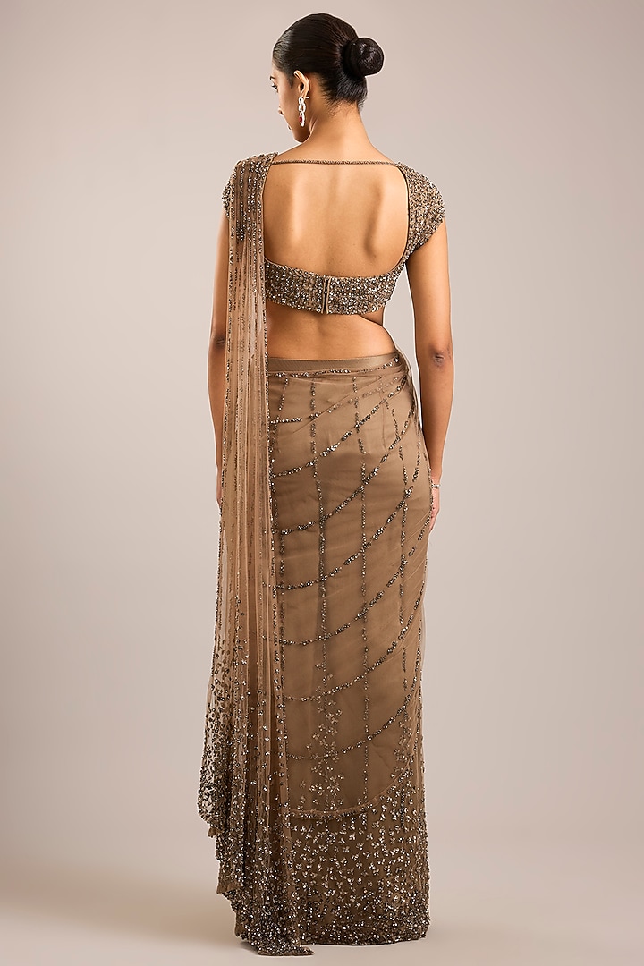 Golden Tulle Sequins Embroidered Pre-Draped Bridal Saree Set by Rohit Gandhi & Rahul Khanna at Pernia's Pop Up Shop