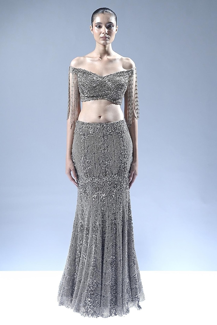 Golden Tulle Fringe Embellished Bridal Lehenga Set by Rohit Gandhi & Rahul Khanna at Pernia's Pop Up Shop
