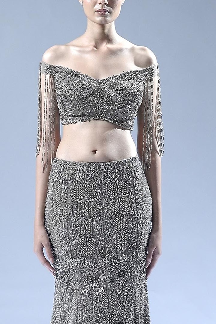 Golden Tulle Fringe Embellished Bridal Lehenga Set by Rohit Gandhi & Rahul Khanna at Pernia's Pop Up Shop
