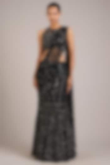 Black Tulle Crystal Embellished Lehenga Bridal Saree Set by Rohit Gandhi & Rahul Khanna at Pernia's Pop Up Shop