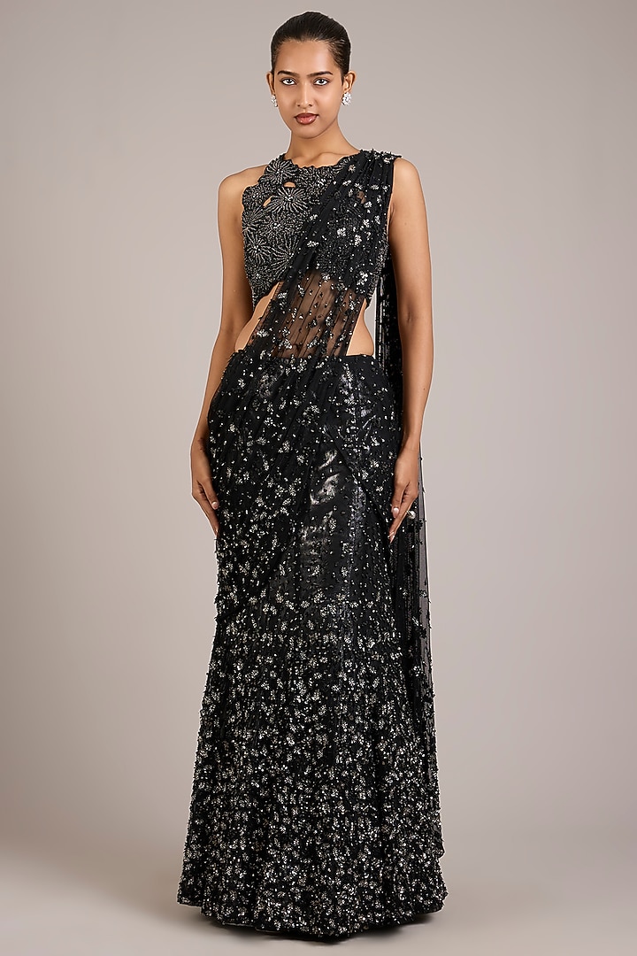 Black Tulle Crystal Embellished Lehenga Bridal Saree Set by Rohit Gandhi & Rahul Khanna at Pernia's Pop Up Shop