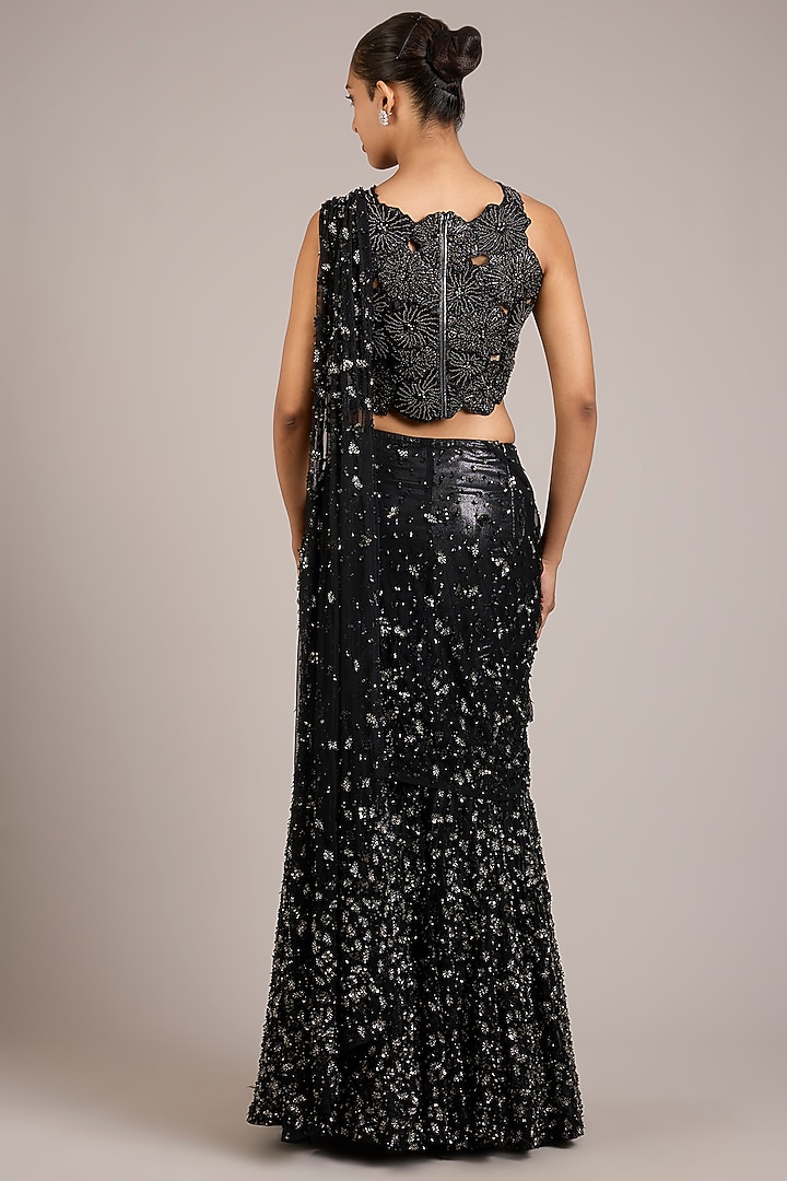 Black Tulle Crystal Embellished Lehenga Bridal Saree Set by Rohit Gandhi & Rahul Khanna at Pernia's Pop Up Shop