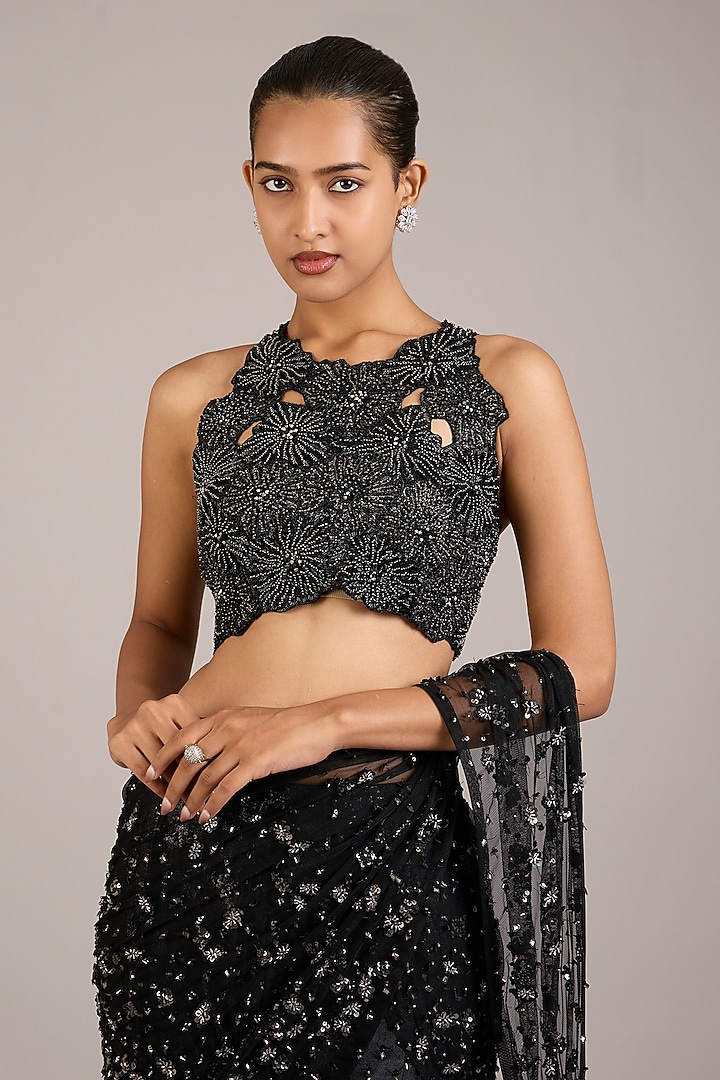 Black Tulle Crystal Embellished Lehenga Bridal Saree Set by Rohit Gandhi & Rahul Khanna at Pernia's Pop Up Shop