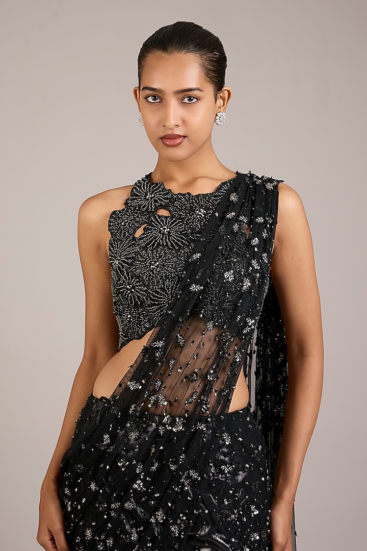 Black Tulle Crystal Embellished Lehenga Bridal Saree Set by Rohit Gandhi & Rahul Khanna at Pernia's Pop Up Shop