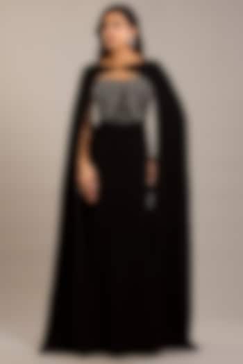 Black Crepe Embellished Maxi Party Wear Dress With Cape by Rohit Gandhi & Rahul Khanna at Pernia's Pop Up Shop