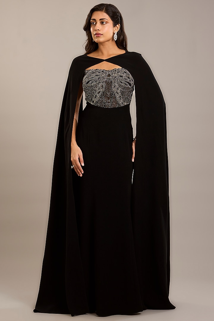 Black Crepe Embellished Maxi Party Wear Dress With Cape by Rohit Gandhi & Rahul Khanna at Pernia's Pop Up Shop