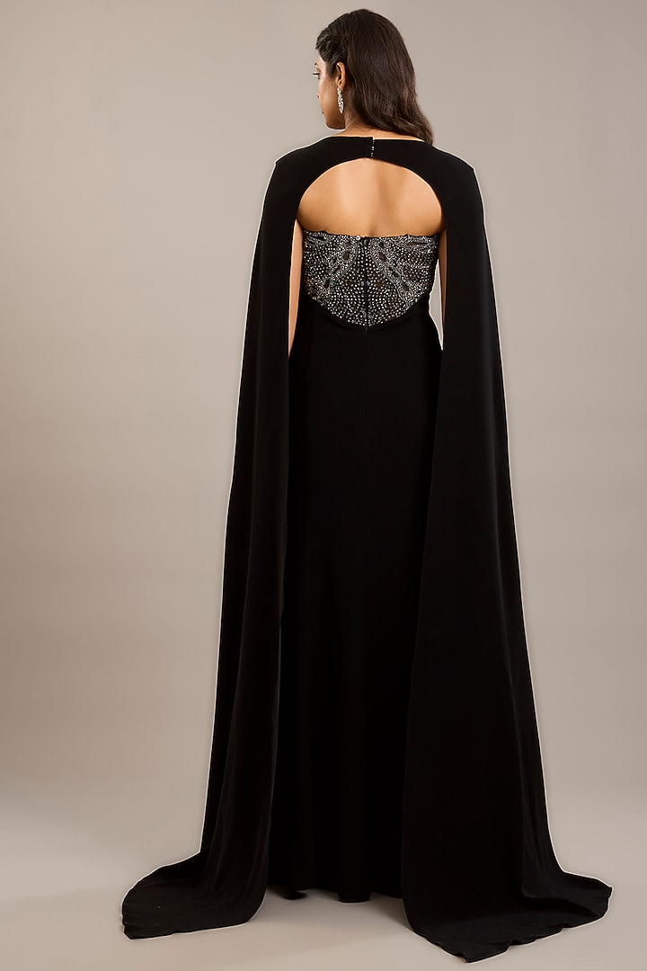Black Crepe Embellished Maxi Party Wear Dress With Cape by Rohit Gandhi & Rahul Khanna at Pernia's Pop Up Shop