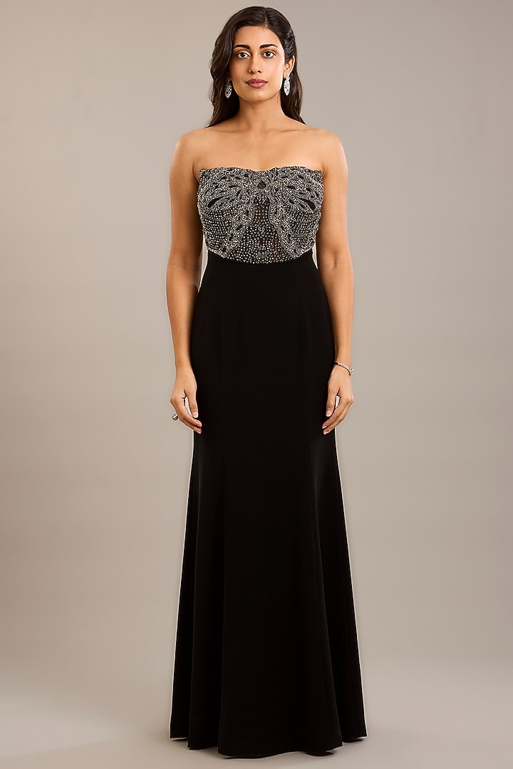 Black Crepe Embellished Maxi Party Wear Dress With Cape by Rohit Gandhi & Rahul Khanna at Pernia's Pop Up Shop