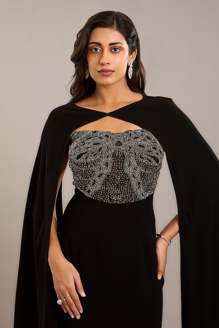 Black Crepe Embellished Maxi Party Wear Dress With Cape by Rohit Gandhi & Rahul Khanna at Pernia's Pop Up Shop