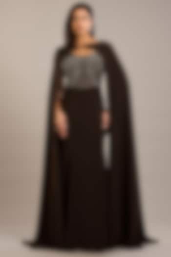 Cocoa Brown Crepe Embellished Maxi Party Wear Dress With Cape by Rohit Gandhi & Rahul Khanna at Pernia's Pop Up Shop