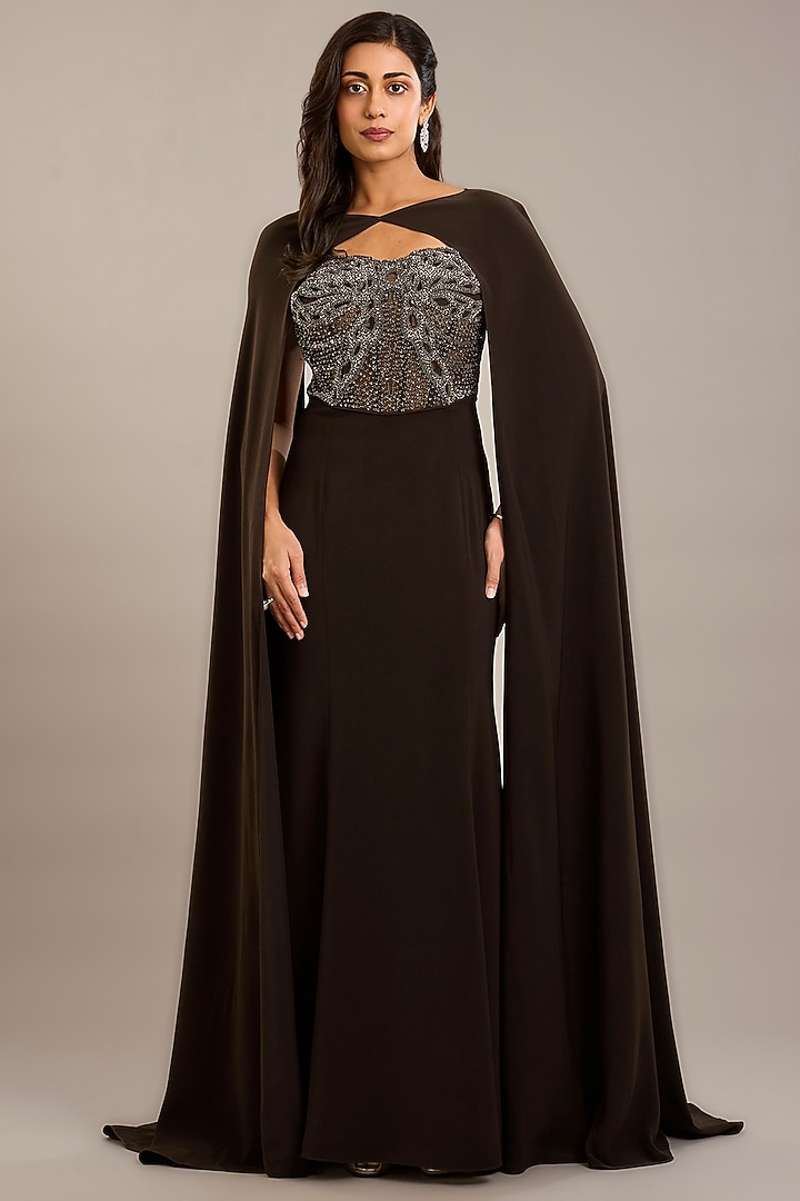 Cocoa Brown Crepe Embellished Maxi Party Wear Dress With Cape by Rohit Gandhi & Rahul Khanna at Pernia's Pop Up Shop