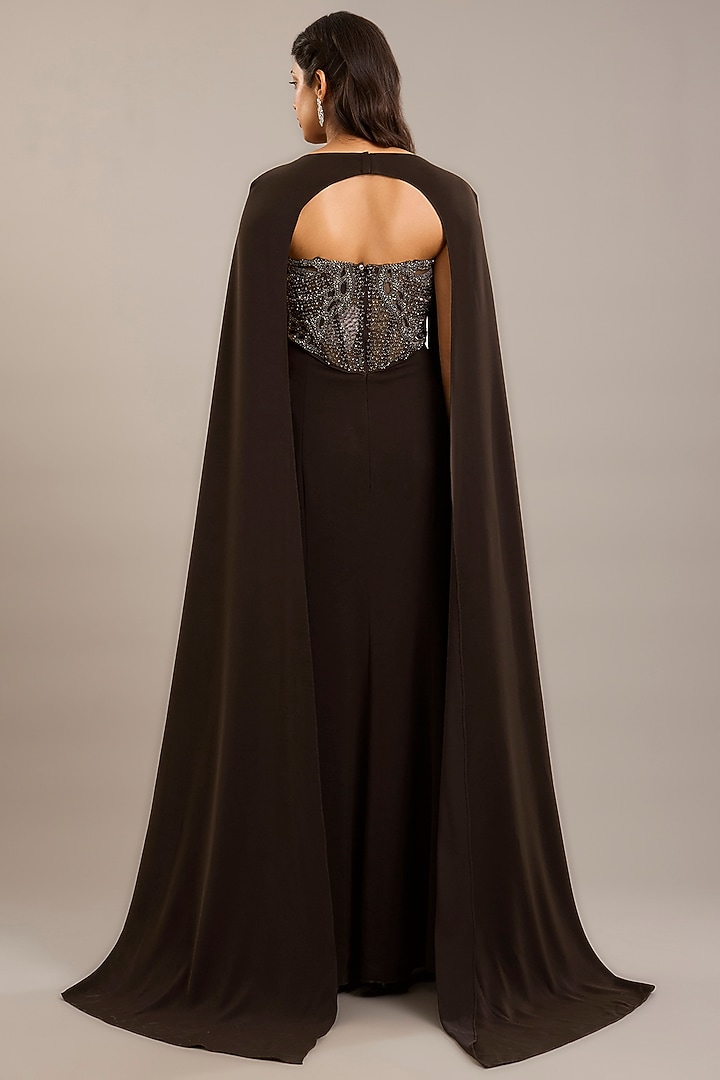 Cocoa Brown Crepe Embellished Maxi Party Wear Dress With Cape by Rohit Gandhi & Rahul Khanna at Pernia's Pop Up Shop