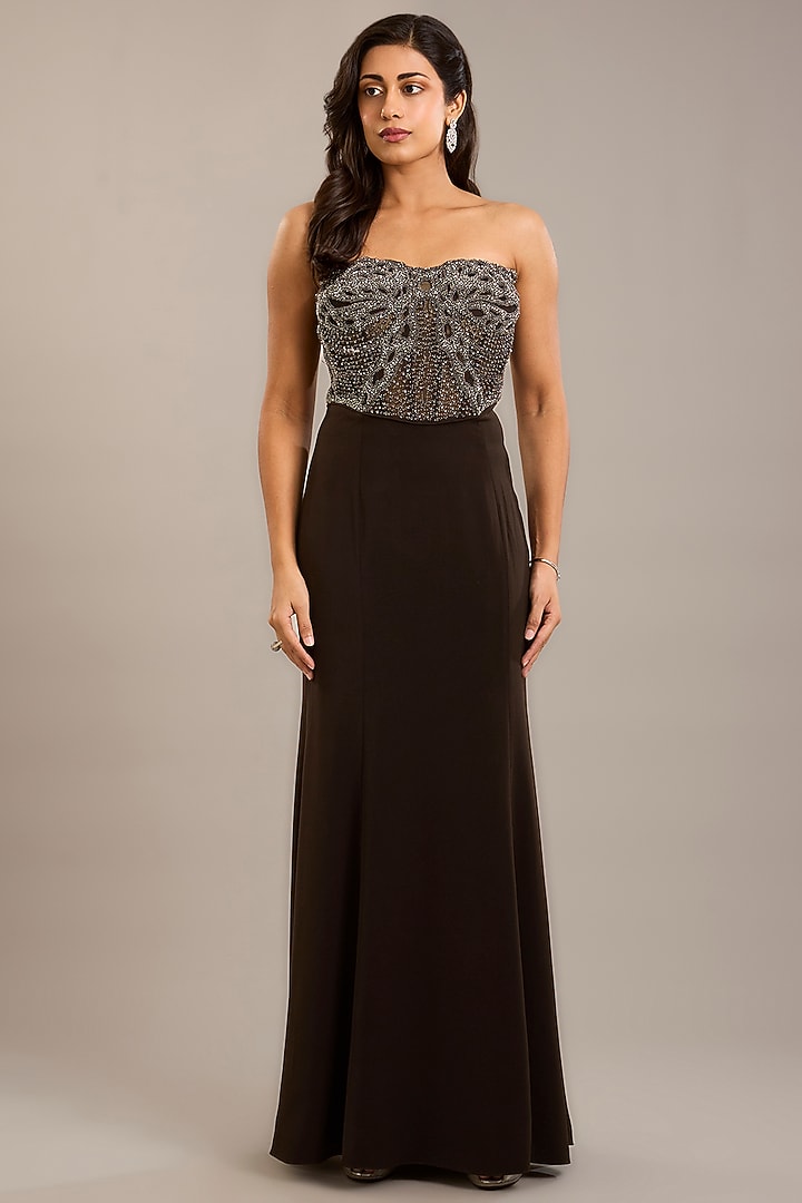 Cocoa Brown Crepe Embellished Maxi Party Wear Dress With Cape by Rohit Gandhi & Rahul Khanna at Pernia's Pop Up Shop