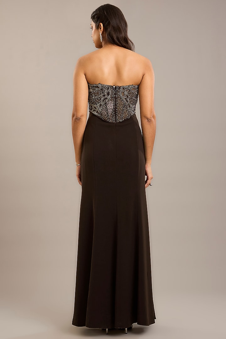 Cocoa Brown Crepe Embellished Maxi Party Wear Dress With Cape by Rohit Gandhi & Rahul Khanna at Pernia's Pop Up Shop