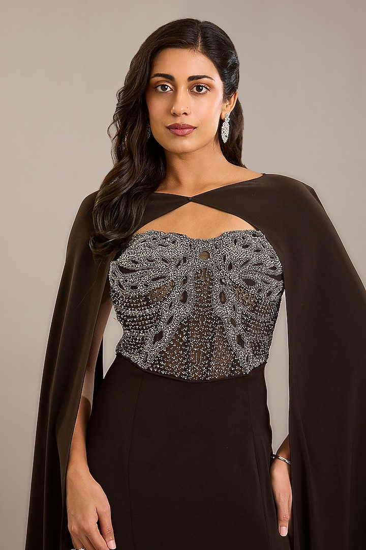 Cocoa Brown Crepe Embellished Maxi Party Wear Dress With Cape by Rohit Gandhi & Rahul Khanna at Pernia's Pop Up Shop