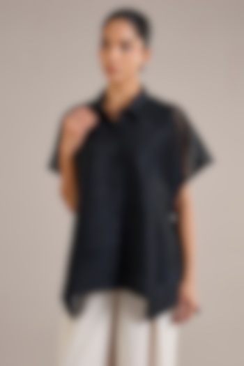 Black Poly Dupion Asymmetrical Sheer Shirt by Rohit Gandhi & Rahul Khanna at Pernia's Pop Up Shop