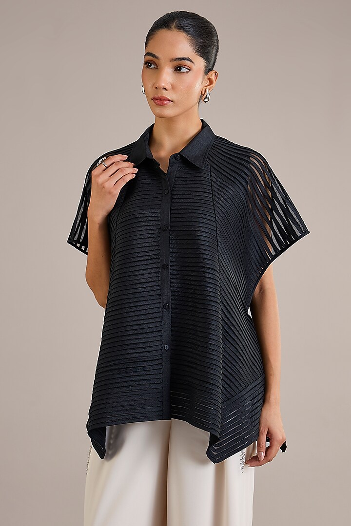 Black Poly Dupion Asymmetrical Sheer Shirt by Rohit Gandhi & Rahul Khanna at Pernia's Pop Up Shop