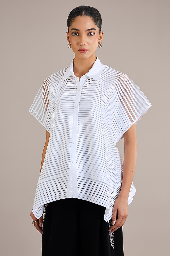 Ivory Poly Dupion Asymmetrical Sheer Shirt by Rohit Gandhi & Rahul Khanna at Pernia's Pop Up Shop