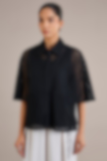 Black Viscose Flat Chiffon Sheer Shirt by Rohit Gandhi & Rahul Khanna at Pernia's Pop Up Shop