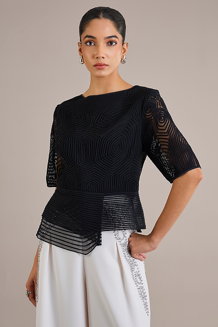 Black Viscose Flat Chiffon Asymmetrical Top by Rohit Gandhi & Rahul Khanna at Pernia's Pop Up Shop
