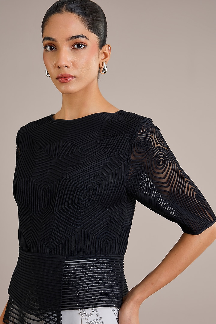 Black Viscose Flat Chiffon Asymmetrical Top by Rohit Gandhi & Rahul Khanna at Pernia's Pop Up Shop