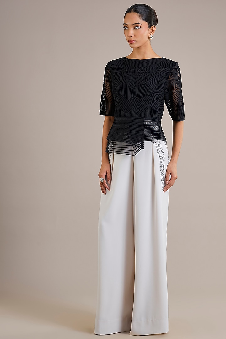 Black Viscose Flat Chiffon Asymmetrical Top by Rohit Gandhi & Rahul Khanna at Pernia's Pop Up Shop