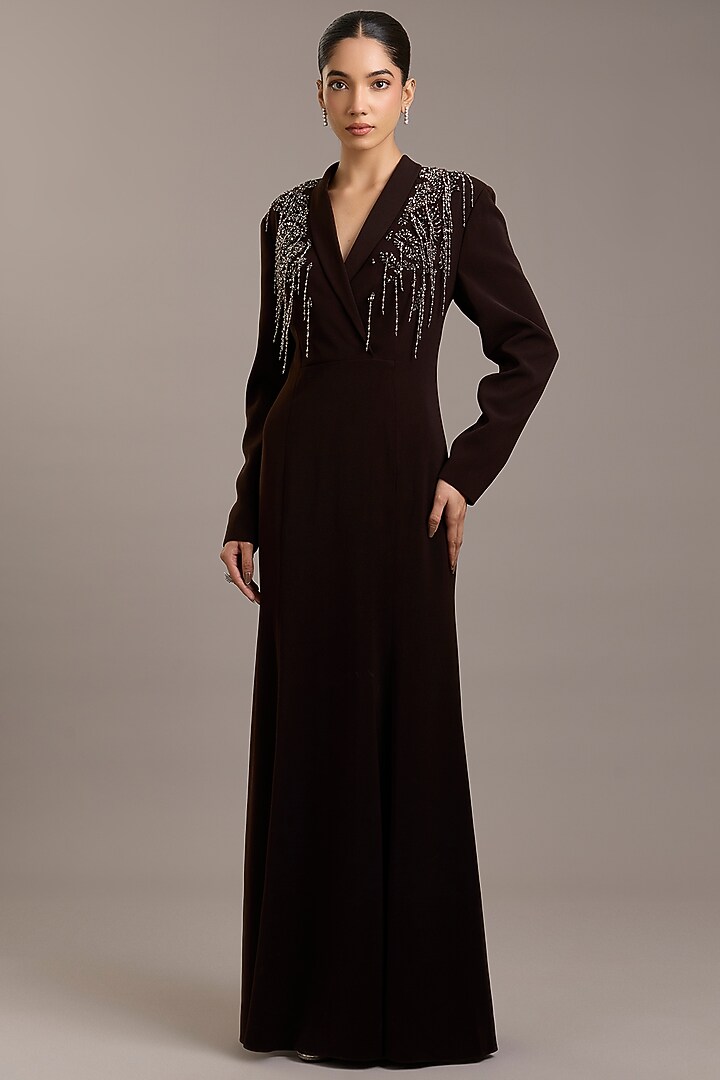 Cocoa Brown Crepe Embellished Maxi Party Wear Dress by Rohit Gandhi & Rahul Khanna at Pernia's Pop Up Shop