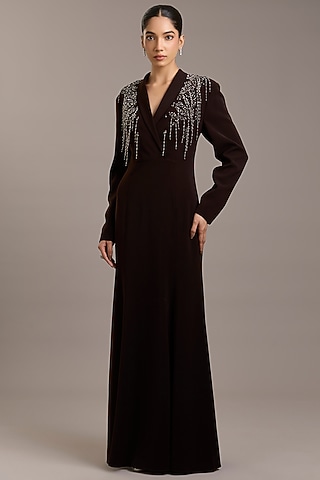 Cocoa Brown Crepe Embellished Maxi Dress by Rohit Gandhi & Rahul Khanna