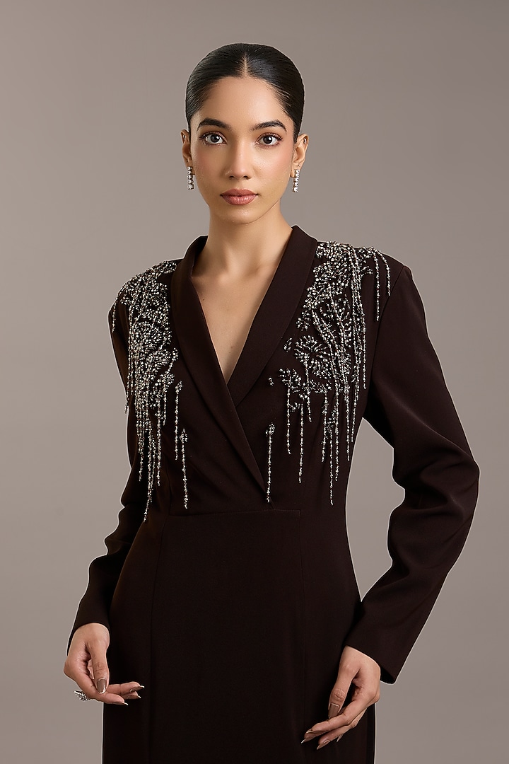Cocoa Brown Crepe Embellished Maxi Party Wear Dress by Rohit Gandhi & Rahul Khanna at Pernia's Pop Up Shop
