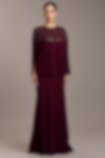 Maroon Crepe Maxi Party Wear Dress With Embellished Cape by Rohit Gandhi & Rahul Khanna at Pernia's Pop Up Shop