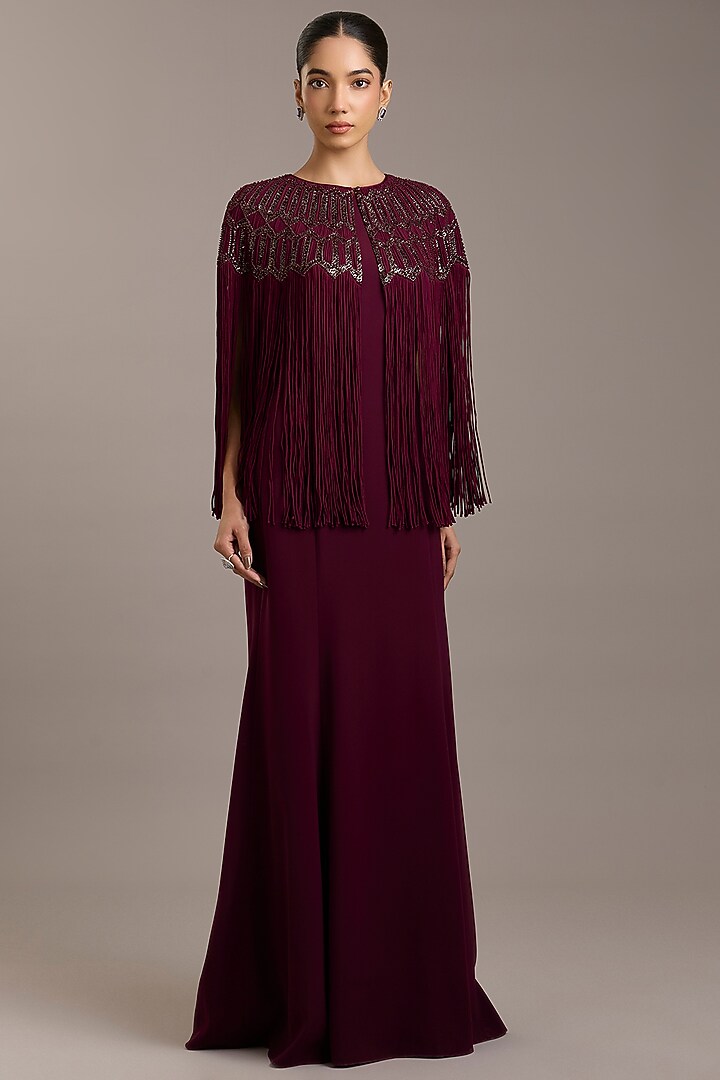Maroon Crepe Maxi Party Wear Dress With Embellished Cape by Rohit Gandhi & Rahul Khanna at Pernia's Pop Up Shop