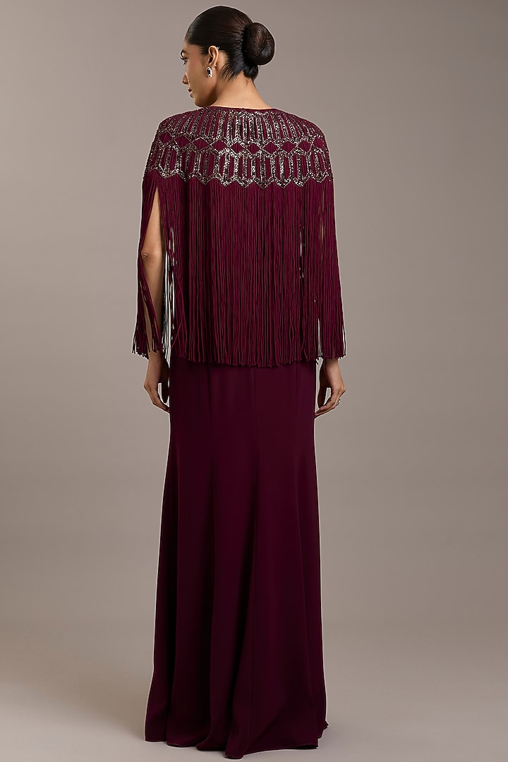Maroon Crepe Maxi Party Wear Dress With Embellished Cape by Rohit Gandhi & Rahul Khanna at Pernia's Pop Up Shop