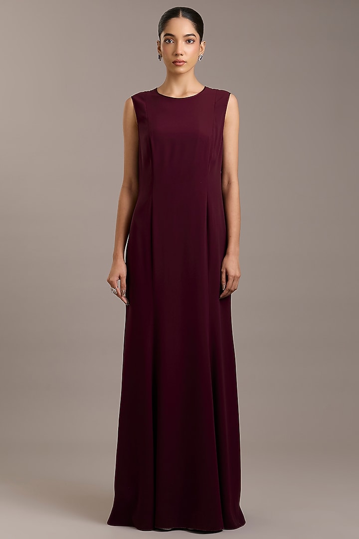 Maroon Crepe Maxi Party Wear Dress With Embellished Cape by Rohit Gandhi & Rahul Khanna at Pernia's Pop Up Shop