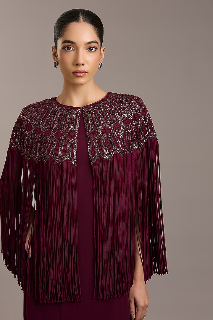 Maroon Crepe Maxi Party Wear Dress With Embellished Cape by Rohit Gandhi & Rahul Khanna at Pernia's Pop Up Shop