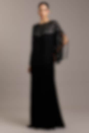 Black Crepe Maxi Party Wear Dress With Embellished Cape by Rohit Gandhi & Rahul Khanna at Pernia's Pop Up Shop