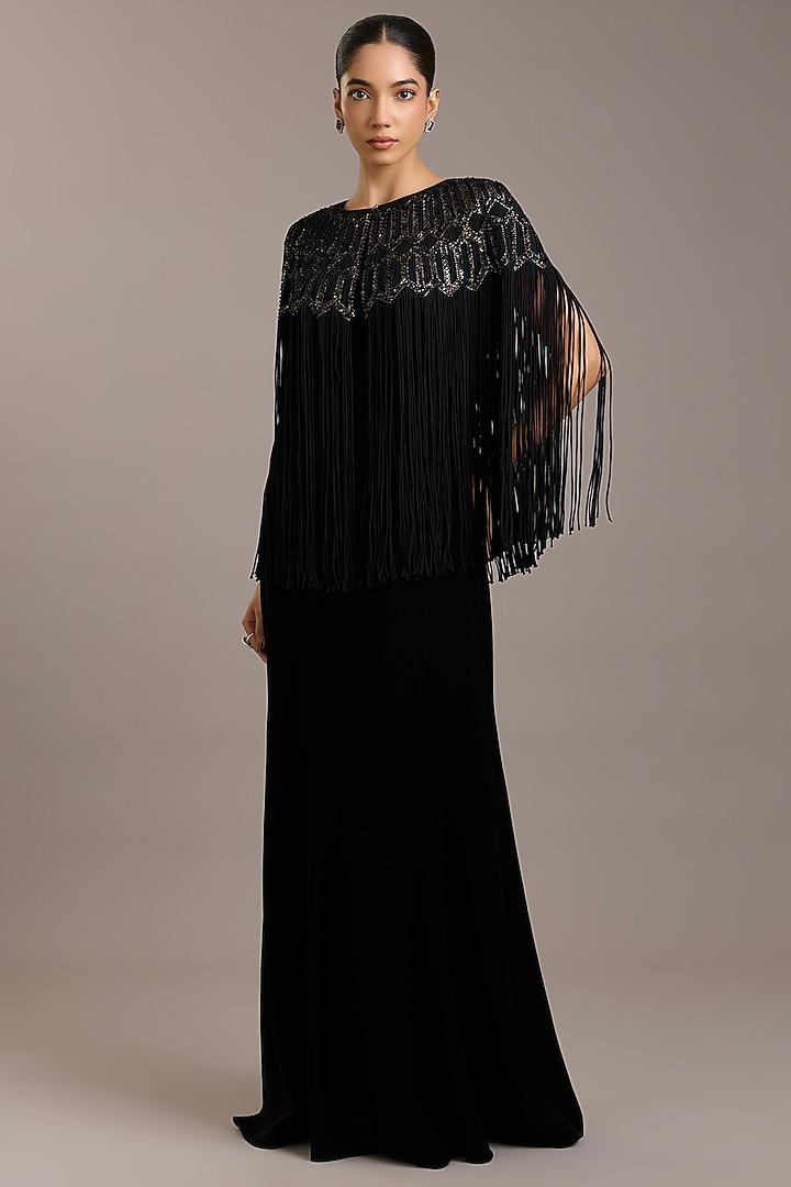 Black Crepe Maxi Party Wear Dress With Embellished Cape by Rohit Gandhi & Rahul Khanna at Pernia's Pop Up Shop